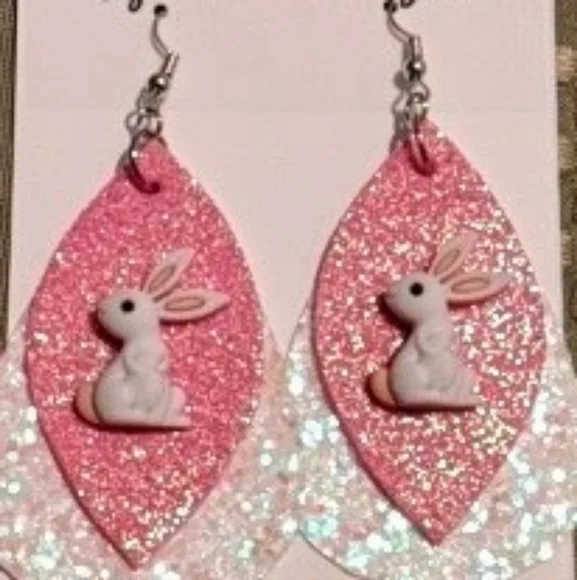 Barbie Pink Bunny Rabbit Glitter Earrings  Easter Brand New - Picture 5 of 9